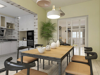 warm dining room area design, wooden table and chair