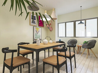 warm dining room area design, wooden table and chair