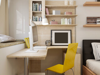 spacious modern residential study design, with laptop, desk, bookshelf and piano.