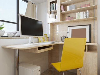 spacious modern residential study design, with laptop, desk, bookshelf and piano.