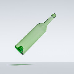 Abstract Image of Green Glass Wine Bottle, Floating, Flying, Suspended In Mid Air, Isolated Against White. Created in 3d Software. 3D Render.