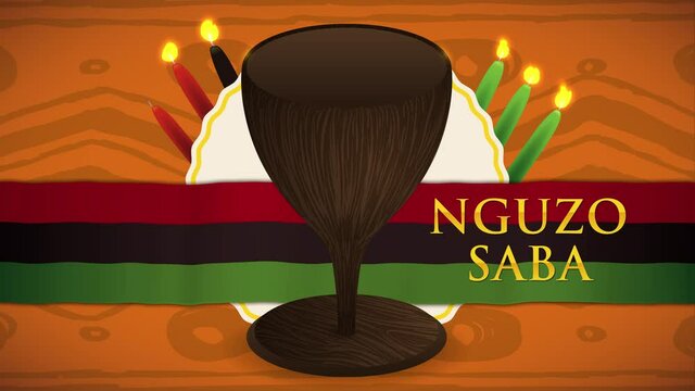 Cup for Kwanzaa celebration over a label with candles and the flag of this holiday with golden text (Nguzo Saba mean 'Seven Principles of African Heritage') on tribal background. Video animated 4K