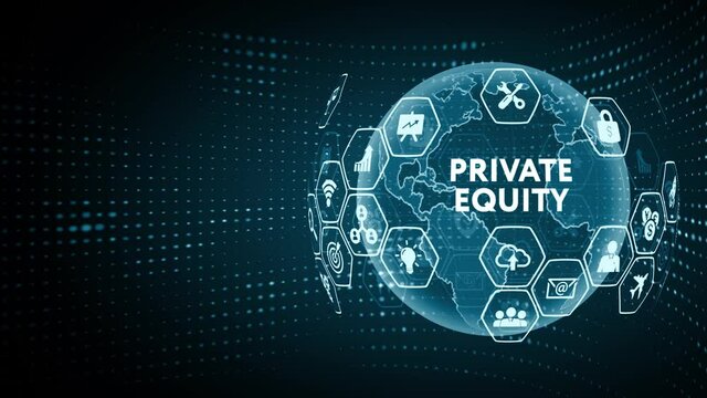 Business, Technology, Internet and network concept. Young businessman shows the word on the virtual display of the future: private equity