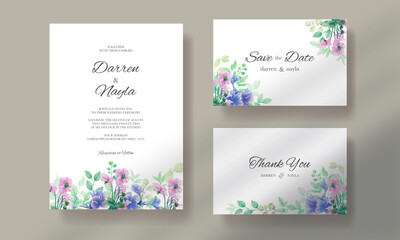 Floral wedding invitation template set with elegant flower and leaves watercolor