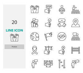 set of protest thin line icons, protestor, demonstration