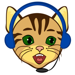 customer support cat wearing a headset, happy emoji wearing headphones and a microphone, funny cartoon character with simplistic facial expression, simple hand drawn icon from a set
