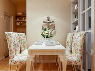  spacious dining room design next to the modern kitchen, with a beautiful dining table and greenery