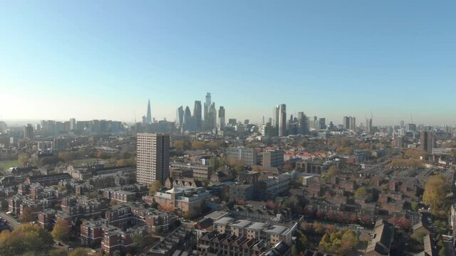 slider drone shot of residential London looking towards the financial centre