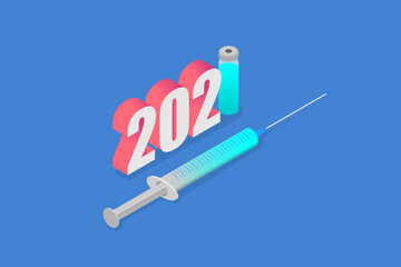 2021 year of vaccine registration and mass vaccination of the world s population, isometric vector illustration, the concept of victory over coronavirus in the new year.