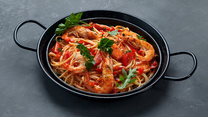 Pasta with shrimps in tomato sauce