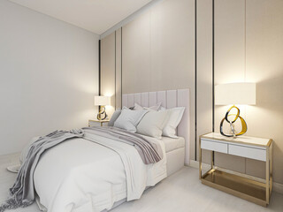  elegant and modern bedroom design, big bed with overcoat cabinet, coffee table, TV, carpet, etc., very comfortable and leisure.