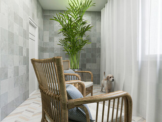 spacious and bright urban residential enclosed balcony design, green plants and household appliances look casual and comfortable)