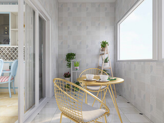 spacious and bright urban residential closed balcony design, green plants with wooden tables and chairs are leisure and comfortable.