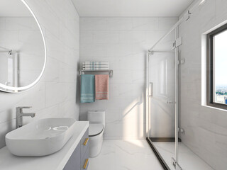Clean modern residential bathroom and toilet design, which is equipped with washstand, toilet and shower equipment, etc.