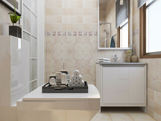 Clean modern residential bathroom and toilet design, which is equipped with washstand, toilet and shower equipment, etc.