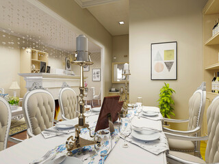 spacious dining room design next to the modern kitchen, with a beautiful dining table and greenery