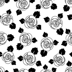 Black and white, roses, black leafs vector illustration, background, seamless pattern.