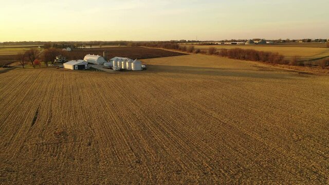 Aerial view of American countryside landscape in harvesting season.  Golden hour (sunrise, sunset). Drone flying over farm fields, Rural scenery