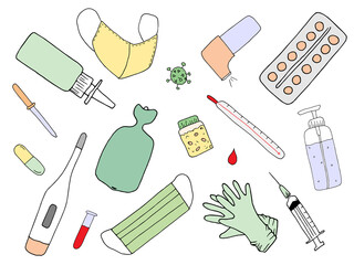 Medical doodles. Hand drawn medicine icon set.