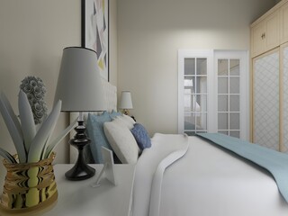 elegant and modern bedroom design, big bed with overcoat cabinet, coffee table, TV, carpet, etc., very comfortable and leisure.