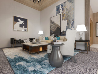  spacious living room design of modern residence, with sofa, tea table, decorative painting, etc