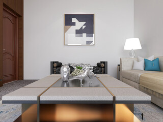 spacious living room design of modern residence, with sofa, tea table, decorative painting, etc