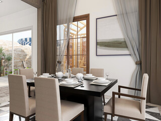 spacious dining room design next to the modern kitchen, with a beautiful dining table and greenery