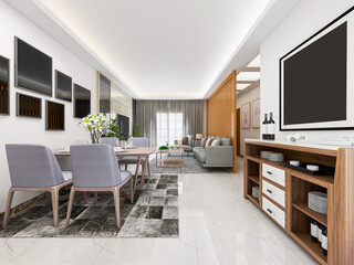 spacious living room design of modern residence, with sofa, tea table, decorative painting, etc