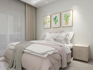 elegant and modern bedroom design, big bed with overcoat cabinet, coffee table, TV, carpet, etc., very comfortable and leisure.
