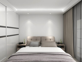 3D rendering, elegant and modern bedroom design, big bed with overcoat cabinet, coffee table, TV, carpet, etc., very comfortable and leisure.