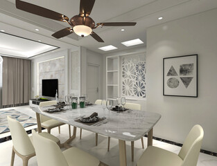 spacious dining room design next to the modern kitchen, with a beautiful dining table and greenery
