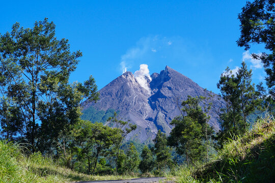 Smoky view of the crater of mount merapi after lava fall