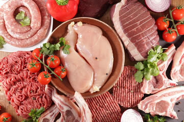 assorted of meats- top view-chicken, minced beef, roast beef, sausage