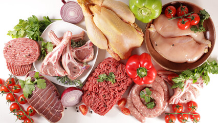 assorted of meats on white background