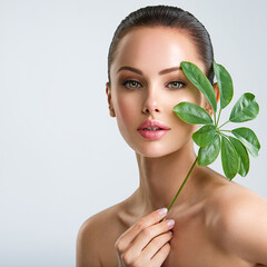 Beautiful woman with green leave near face and body.  Closeup girl's face with green leave. Skin...