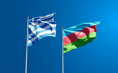 Beautiful national state flags of Greece and Azerbaijan together at the sky background. 3D artwork concept.