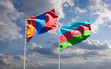 Beautiful national state flags of Mongolia and Azerbaijan together at the sky background. 3D artwork concept.
