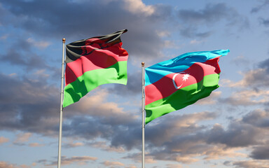 Beautiful national state flags of Malawi and Azerbaijan together at the sky background. 3D artwork concept..