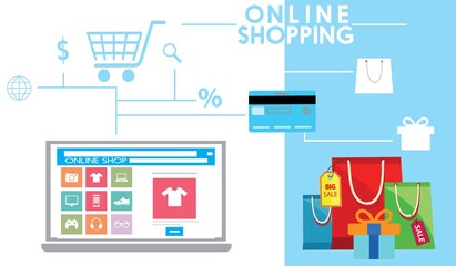 online shopping or digital store on laptop computer concept, men fashion products from e-shop with icons and goods, vector flat graphic illustration