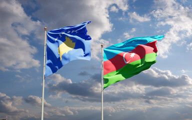 Beautiful national state flags of Kosovo and Azerbaijan together at the sky background. 3D artwork concept.