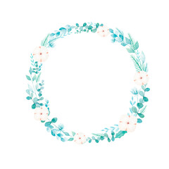 Christmas wreath watercolor hand painted isolated on white background. Perfect for Christmas greeting cards, invitations, design. Winter leaves and flowers. Eucalyptus, cotton, poinsettia.
