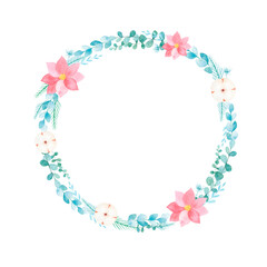 Christmas wreath watercolor hand painted isolated on white background. Perfect for Christmas greeting cards, invitations, design. Winter leaves and flowers. Eucalyptus, cotton, poinsettia.
