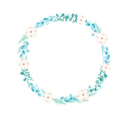 Christmas wreath watercolor hand painted isolated on white background. Perfect for Christmas greeting cards, invitations, design. Winter leaves and flowers. Eucalyptus, cotton, poinsettia.
