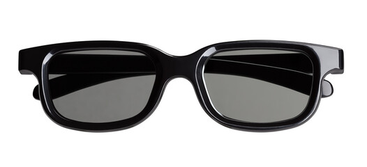 Women`s sunglasses with a black plastic frame and dark lenses with folded temples isolated on a white background. Front view.