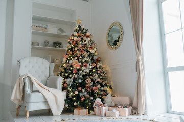 Christmas tree with Christmas toys, lights and garlands