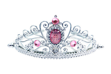Tiara decoration with pink diamonds isolated on white background. Plastic crown beauty decorative...