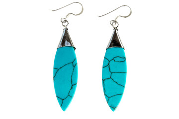 Turquoise earring and silver isolated on white background. Turquoise stone and silver earrings with leaf shape isolated