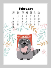 Calendar with cute raccoon in New Year hat for Fabruary 2021. Planner template with doodle and Scandinavian style branches and leaves. Vector illustration.