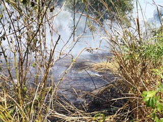 Dirty smoke caused by fire. Soaring in the sky