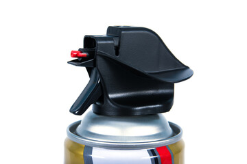 Head sprayer insecticide can isolated on white background. Closeup plastic head spray of metal can...